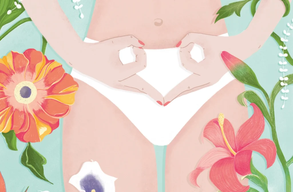 Kolorowy rysunek kobiecych rąk złożonych na brzuchu w otoczeniu kwiatów